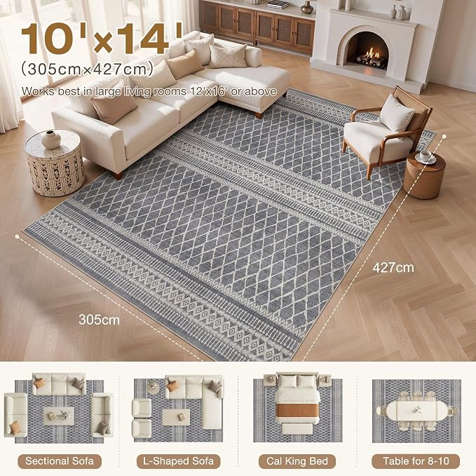 cotiled Boho 10x14 Area Rug for Living Room: Large Moroccan Washable Rug | Solve Modern Neutral Trendy Home Decor - Stain Resistan Carpet for Bedroom Farmhouse Charcoal Grey