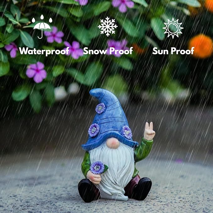 Blue Peace Yard Gnomes - Solar Statue, 11 Inch | Charges all day and lights itself after dark, no wires and no outlet to find. Hand-painted resin, built to live outside.