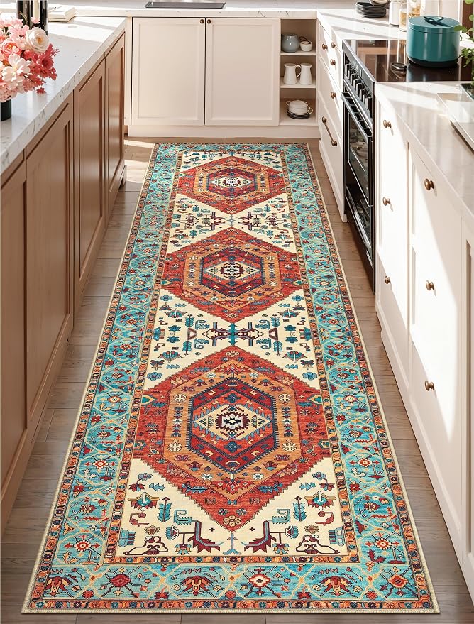 SERISSA 2'6"x10' Washable Non Slip Boho Runner Rug for Hallway，Orange | Ultra Soft Vintage Oriental Carpet Low-Pile Tribal Floor Carpet for Kitchen Bedroom Bathroom Laundry Room