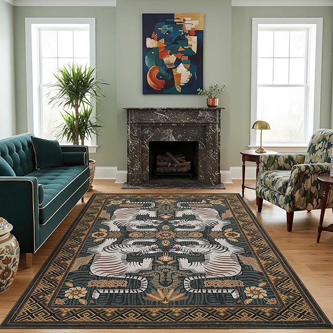 GarveeHome Large Tiger 9x12 Area Rugs Boho Washable Vintage Living Room Rug | Non Slip Blue Rugs for Bedroom, Tribal Soft Animal Print Throw Rug Ultra Thin Stain Resistant Floor Carpet for Office