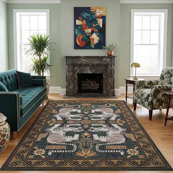 GarveeHome Tiger 8x10 Area Rugs Boho Washable Vintage Non Slip Living Room | Blue Rugs for Bedroom, Vintage Tribal Soft Animal Print Throw Rug Ultra Thin Stain Resistant Floor Carpet for Office