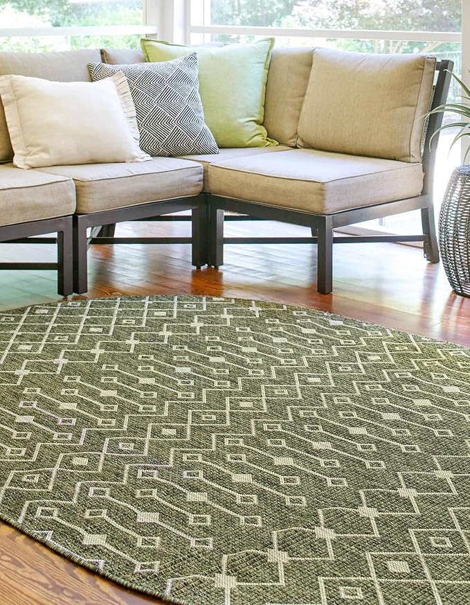 Unique Loom Outdoor Trellis Collection Area Rug - Tribal Trellis (3' 3" x 5' 3" Oval, Green/ Natural)