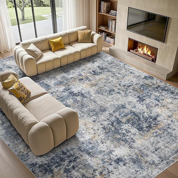 Tortania Washable 7x9 Area Rug for Living Room: Modern Abstract Neutral Large Soft Thin Rugs - Non Slip Indoor Carpet for Bedroom Dining Room Office Nursery Home Floor Decoration - Blue Grey