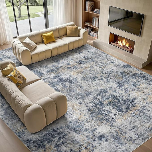 Tortania Washable 7x9 Area Rug for Living Room: Modern Abstract Neutral Large Soft Thin Rugs - Non Slip Indoor Carpet for Bedroom Dining Room Office Nursery Home Floor Decoration - Blue Grey