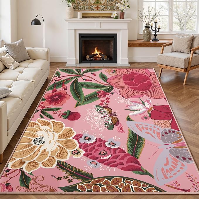 Tyrot Pink Boho Floral Living Room Rug, 5x7 Rug Washable Botanical Butterfly Area Rugs Flat Woven Ultra-Thin Non Slip Low Pile Carpet for Bedroom, Dining Room, Office, Kids Room