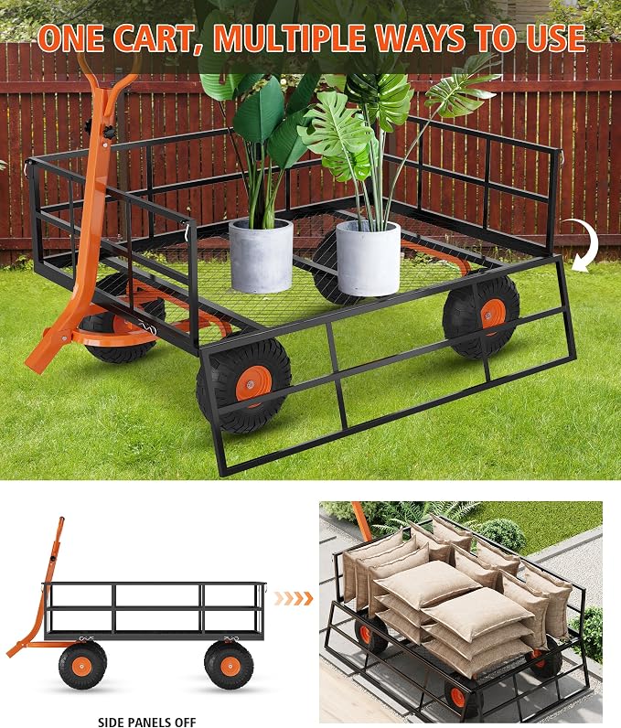 Garvee Steel Garden Cart, 1200 LBS Capacity Utility Outdoor Wagon, Heavy Duty Mesh Garden Wagon with Removable Sides, 2-in-1 Handle, 13" Tires for Yard, Lawn, Garden