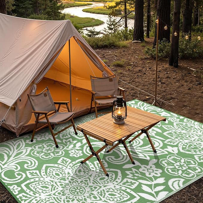 Findosom Waterproof Outdoor Rug 6' x 9' - Reversible Mandala Outdoor Plastic Straw Rug, Durable Foldable Patio Rug for RV, Deck, Balcony, Backyard, Picnic, Porch, Camping, Beach, Green