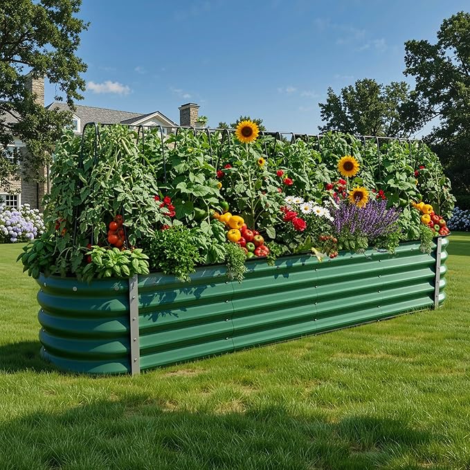 YITAHOME 8x2x1.5ft Galvanized Oval Raised Garden Bed, Metal Planter Box with Safety Rubber, Gloves, Outdoor Flower Bed for Planting Plants Vegetables, Green