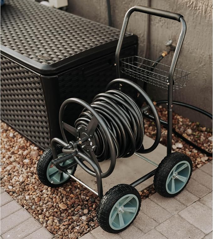 Backyard Expressions 4‑Wheel Garden Hose Reel Cart with Storage Basket, Hand‑Crank Rewind, Rust‑Resistant Hammertone Gray Finish, Brass Connectors