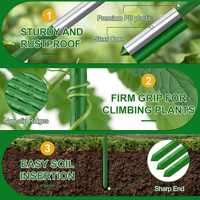 WAENLIR Garden Stakes16 Inch 24 Pack, Tomato cage DIY 4ft 5ft 6ft 7ft 8ft Plant Support Stakes with Connectors and Clips, Plastic Coated Metal Sticks for Tomato Indoor Outdoor