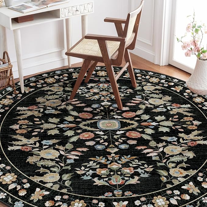 Round Rugs 5ft Circle Area Rug Washable Non Slip Ultra-Thin Floral | Machine Washable Circular Throw Carpet for Living Room Bedroom Dining Room Floor Indoor Low Pile Boho Vintage Black