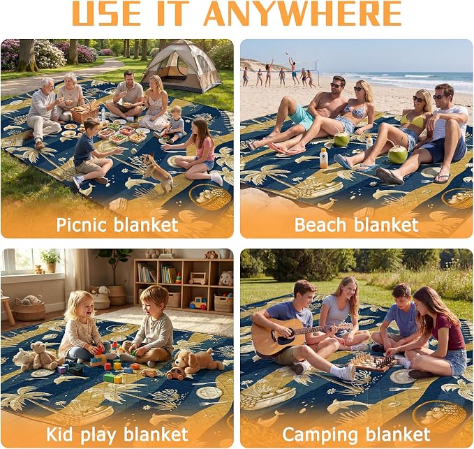 79" x 118" Picnic Blanket Extra Large,Waterproof Sandproof Foldable Outdoor Blanket Beach Blanket Ocean Picnic Mat for Camping,Lawn,Park(Coconut Tree)