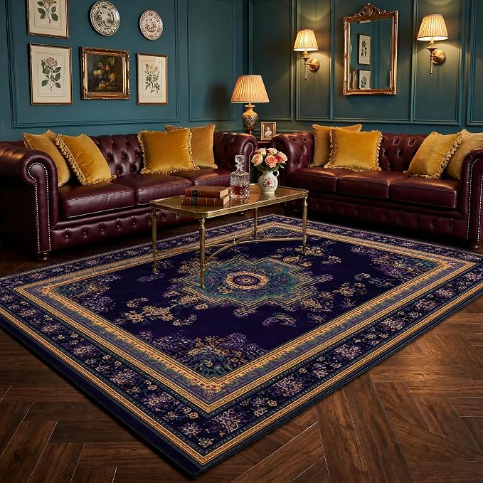 Vintage Boho Purple Area Rug 5x7 Violet Oriental Rugs Living Room Bedroom | Purple Gold Carpet, Soft Washable, Non-Slip Stain Resistant, Pet Friendly, Easy to Clean