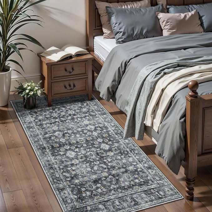 Ciicool Boho Grey 2x4 Runner Rug Entrance Small Rug Vintage Floral Soft Non-Slip Kitchen Washable Area Rugs for Hallway Foyer Bathroom Laundry Room Bedroom Decoration