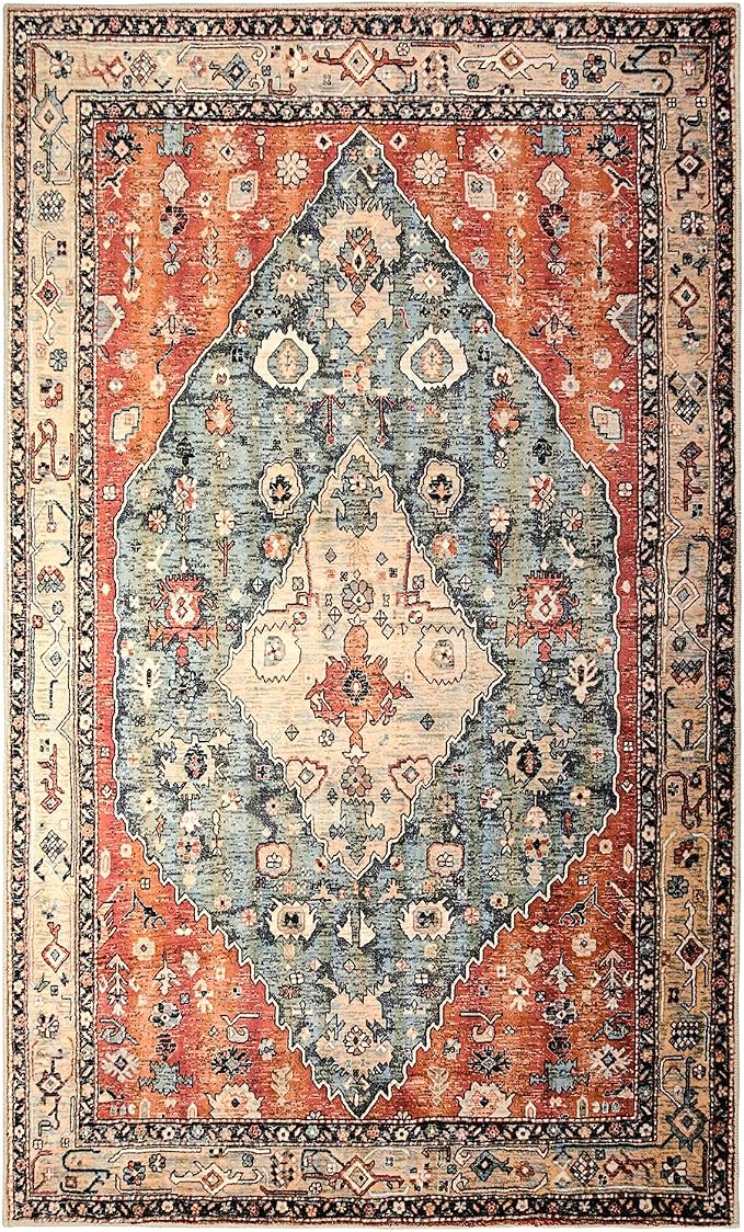 Lahome Felice Boho Tribal 3x5 Washable Entry Throw Rugs for Bedroom, Bohemian Entryway Kitchen Rugs Non Slip Washable, Indoor Low-Pile Carpet for Bathroom Living Room (Rust/Dull Teal,3x5ft)