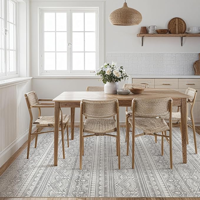 Tortania Area Rug Living Room Rugs - 5x8 Washable Large Soft Neutral Boho Moroccan Bohemian Farmhouse Rug Indoor Floor Carpet for Bedroom Under Dining Table Home Office Decor - Neutral Grey