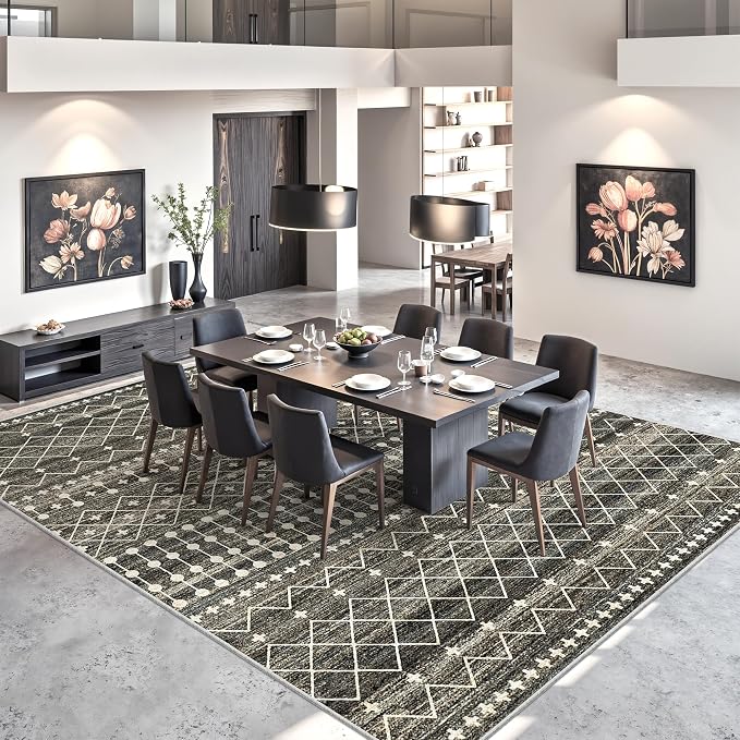Miukiki 8x12 Area Rug for Living Room, Washable Non Slip Moroccan Rug Black | Large Soft Rug for Kitchen Bedroom Dining Room Office, Low Pile Indoor Floor Carpet Home Decor 8'x12'