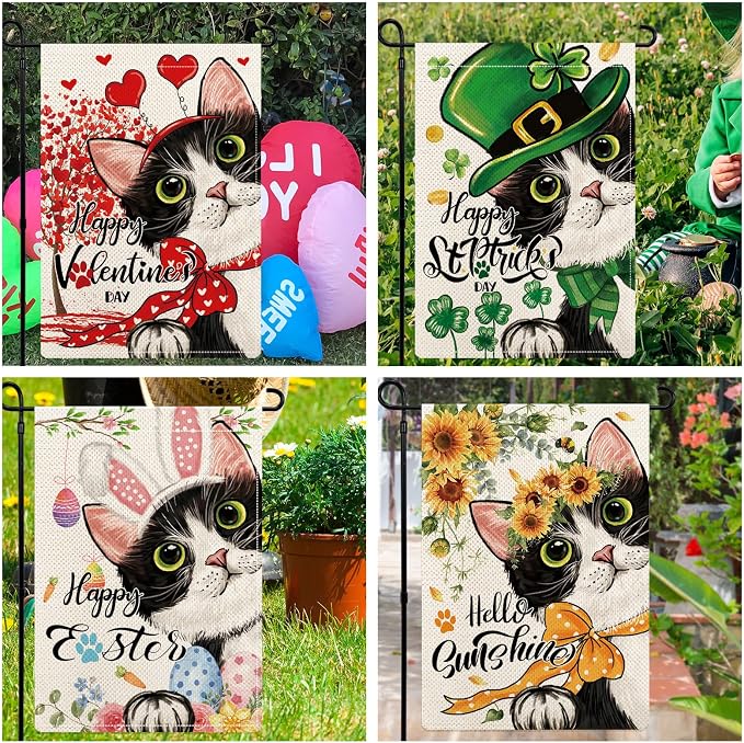 Cute Black Cat Garden Flags for Outside Set of 12, Welcome Seasonal Garden Flags 12x18 Double Sided, Kitten Yard Flags for All Seasons and Holidays, Winter Spring Yard Flag for Holiday Decor