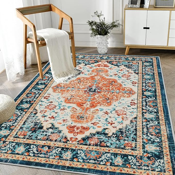 U'Artlines Boho Vintage Area Rug 3x5 Machine Washable Carpet,Orange/Multi | Low Pile, Non Slip, Ultra-Thin Soft Floor Carpet, Accent Rug for Living Room Bedroom Entryway Dining Room Office