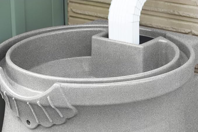 Good Ideas Rain Saver 50 Gallon Urn Shaped Self Draining Wizard Barrel Water Storage with Planter Space and 2 Brass Spigots, Light Granite