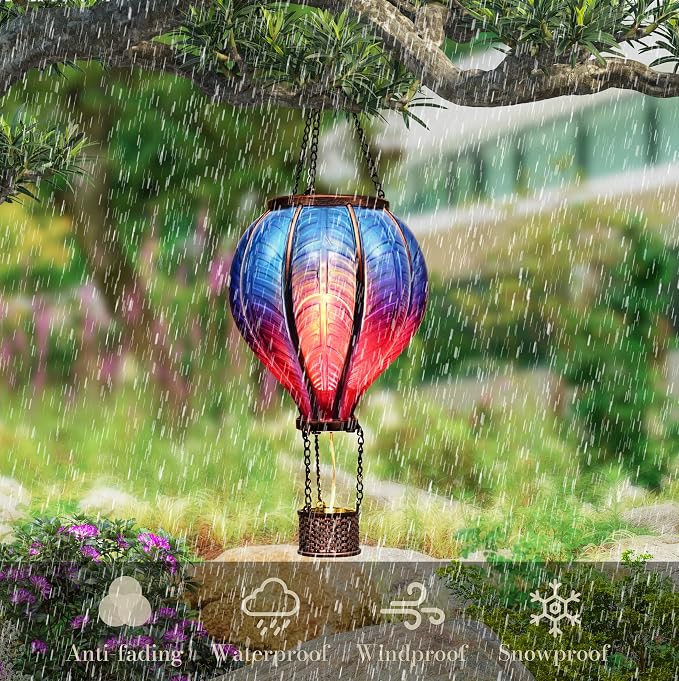 TERESA'S COLLECTIONS Hot Air Balloon Solar Lantern for Garden Decor, Flickering Flame Hanging Solar Light for Outdoor Decorations, Blue & Purple Plastic Lamp for Yard Tree Porch Party, Gift for Mom