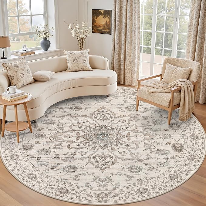 Round Area Rug for Living Room: 6ft Boho Washable Rug Brown Beige | Vintage Boho Soft Round Rug Indoor Floor No Slip Carpet Stain Resistant Rugs for Bedroom Dining Room Nursery Home Office