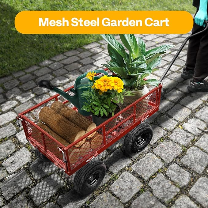 VIVOHOME Heavy Duty 880 Lbs 4.5 Cu Ft Mesh Steel Garden Cart Utility Wagon | Removable Sides and 4.10/3.50-4" Wheels 10 inch Tire(Red)