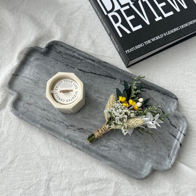 Natural Marble Scalloped Tray 12in Solid Stone Vanity Organizer | Grey Natural Marble Scalloped Vanity Tray 11.8x5.9" Hand-Polished Stone Dish for Candle, Jewelry, Bathroom Decor