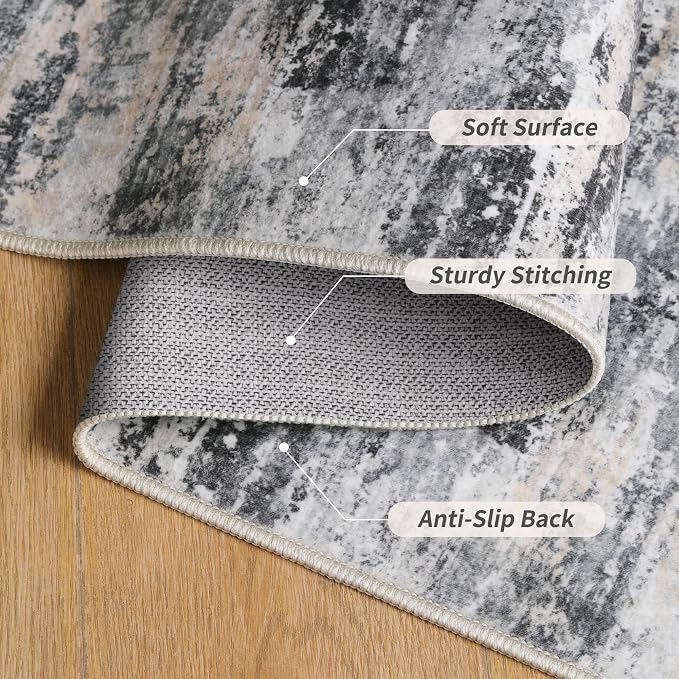 Tangsoo 4x6 Washable Area Rug, Modern Non Slip Indoor Rugs for Living Room, Abstract Contemporary Carpet, Soft Low Pile Foldable Floor Rug for Dining Room Bedroom Bedside Bathroom Office Grey