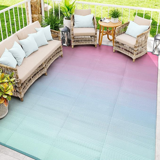 Lahome Large Outdoor Rugs 9x12 Waterproof, Modern Reversible Indoor Outdoor Patio Rug, Plastic Straw Portable Outside Camping Mats for Balcony Tent Floor Decor, Pink Green 9'x12'
