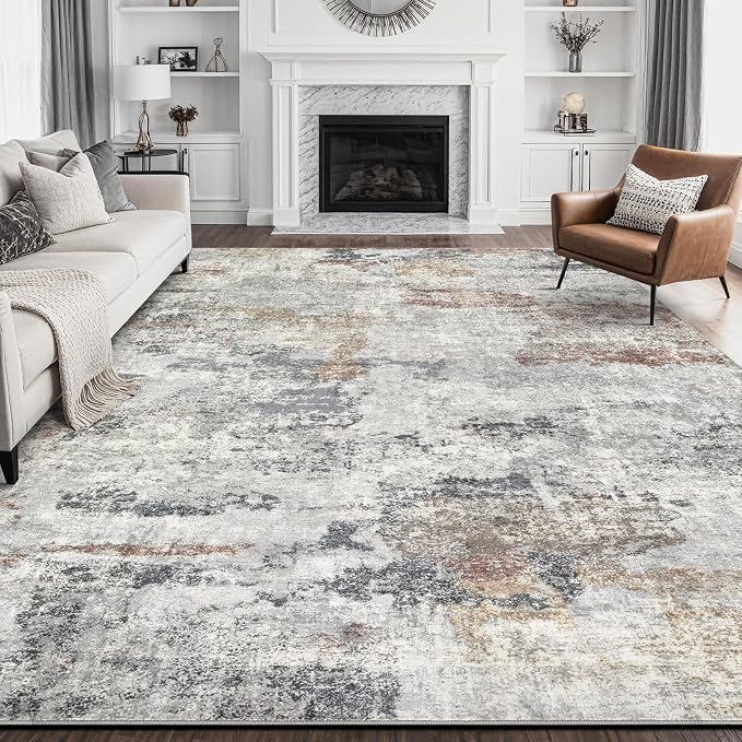 DMOYEST 10x14 Area Rug for Living Room Washable Abstract Indoor Carpet | Neutral Modern Low Pile Rugs Kid & Pet Friendly Large Soft Thin Carpet for Bedroom Dining Room - Grey/Orange/Yellow
