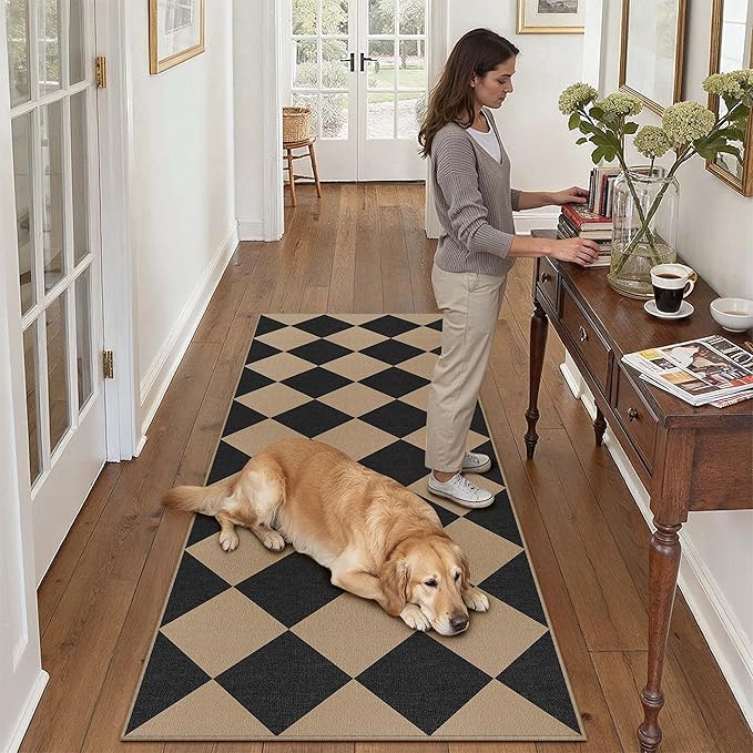 PureCozy 2x6 Checkered Easy Jute Runner Rug Non Slip Hallway Kitchen Washable Outdoor Rug for Entryway Indoor Checkerboard Black Indoor Outdoor Carpet for Bedside Entry Front Door Porch