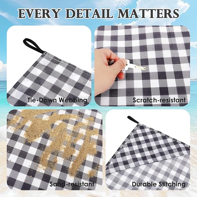 Fammart Pocket Picnic Blanket Sandproof Waterproof, Portable Lightweight Camping Tarp, Quick Dry Foldable Compact Beach Mat with Corner Pockets & Stakes for Festivals Hiking Outdoor Essentials