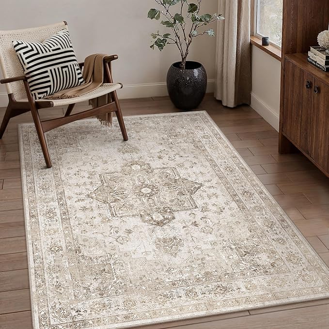 Taupe 3x4 Washable Area Rug Entryway Vintage Oriental Carpet | Soft Low Pile, Non Slip, Stain Resistant, Floral Medallion, Retro Indoor Decor for Bedroom, Dining Room, Kids Room, Office