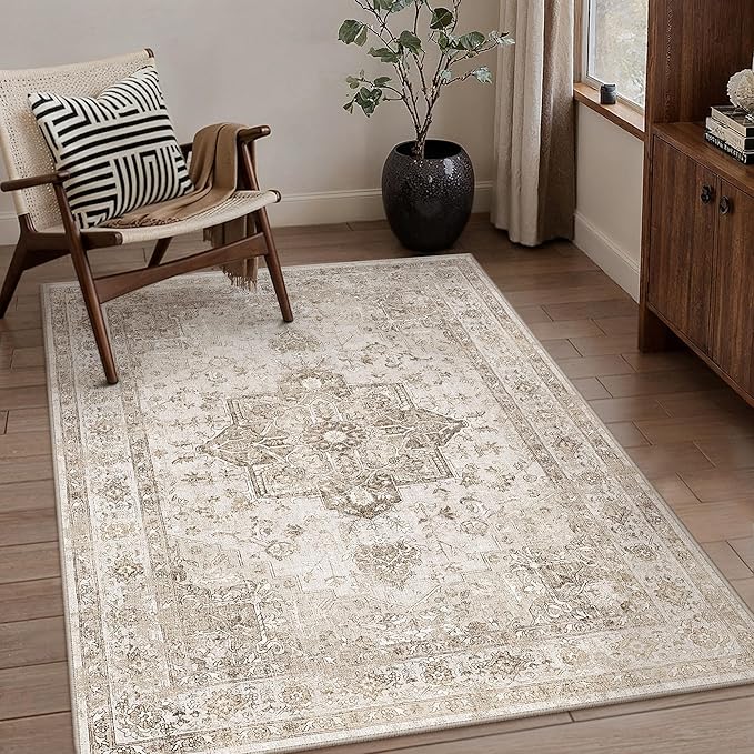 Taupe 4x5 Washable Area Rug Living Room Vintage Oriental Carpet | Soft Low Pile, Non Slip, Stain Resistant, Floral Medallion, Retro Indoor Decor for Bedroom, Dining Room, Kids Room, Office