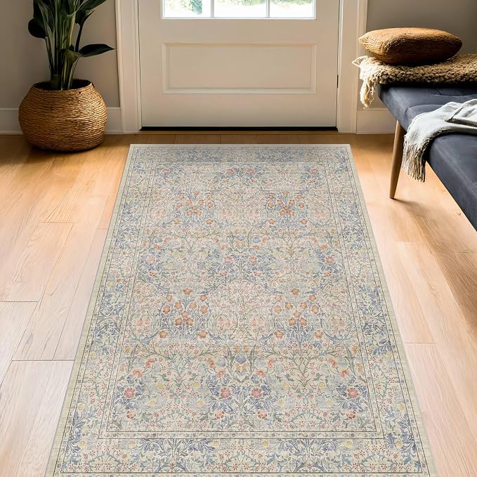 3x5 Washable Area Rug for Bedroom Beside Bed Mat, Large Kitchen, Entryway Rug Indoor - Ultra Soft Vintage Floral Beige Blue Decor Non-Slip Low Pile Stain Resistance