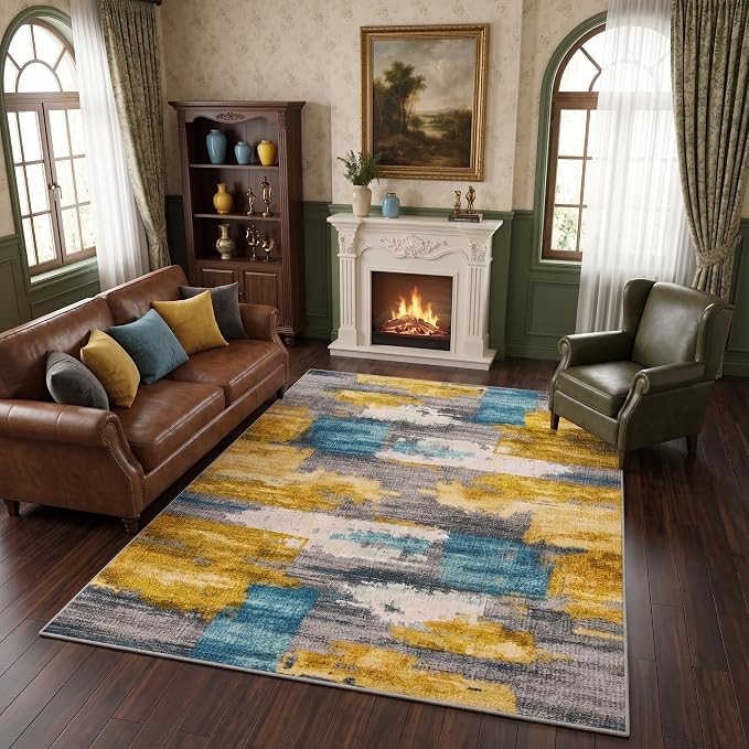5x7 Blue and Gold Abstract Brushstroke Area Rug for Living Room | Soft Low-Pile Machine-Washable Rug with Non-Slip Backing for Bedrooms, Dining Rooms and Home Offices, Designed for Easy Care