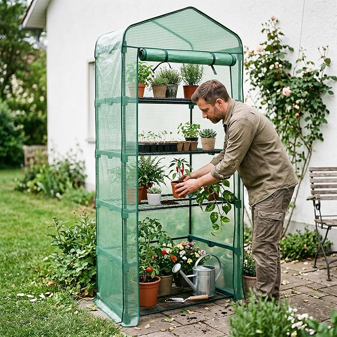 Worth Garden 5 Tier Mini Greenhouse - 75'' H x 27'' L x 19'' W - Sturdy Portable Gardening Shelves with Durable PE Cover w/ Roll-Up Zipper Door- Small Green House Indoor & Outdoor for Plants Flowers