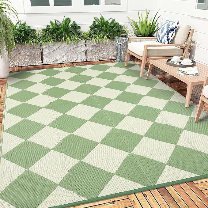 Garvee Outdoor Rug 9x18 Outdoor Patio Rug Reversible Plastic Straw Rugs Waterproof Foldable Mat Easy Clean Lightweight Carpet for Backyard Camping Porch RV Beach Balcony Deck Picnic Checkered Green