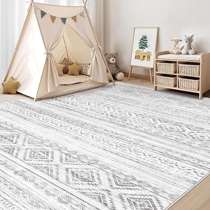 cotiled Boho 10x14 Area Rug for Living Room: Large Moroccan Washable Rug | Solve Modern Neutral Trendy Home Decor - Stain Resistan Carpet for Bedroom Farmhouse Light Grey
