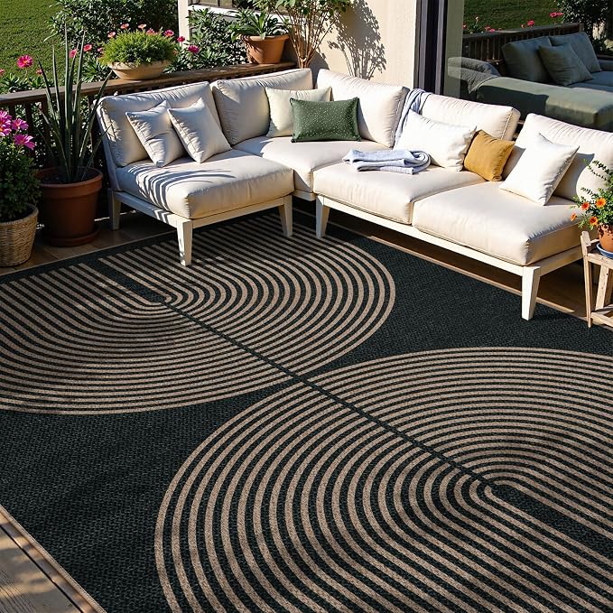 Lahome Modern Rainbow Easy Jute Rug, Washable Rugs 8x10 for Living Room | Indoor Outdoor Patio Farmhouse Large Carpet, Contemporary Non Slip Black Carpet for Bedroom Backyard Decor