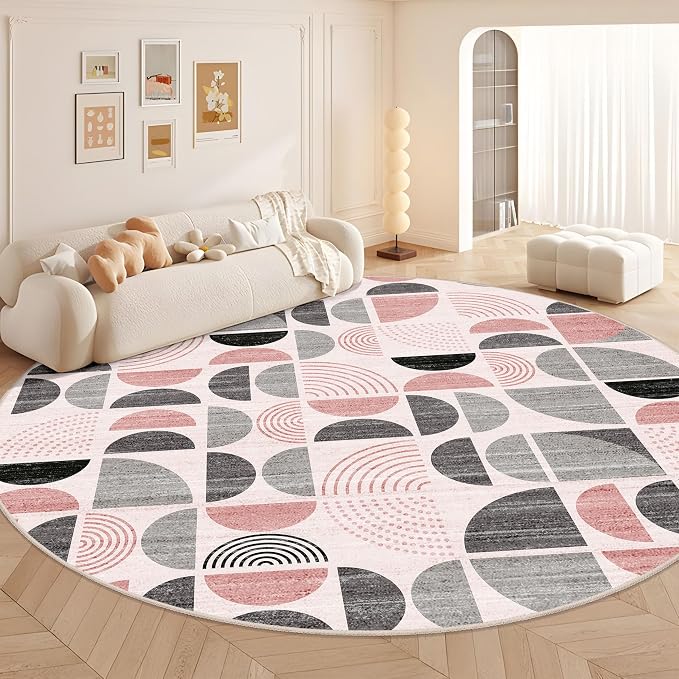 Round Rugs 9ft,Circle Area Rug Washable Non Slip Modern Abstract | Circular Rugs for Living Room Dining Room Large Boho Throw Carpet Soft Low Pile Floor Indoor Bohemian Pink and Grey