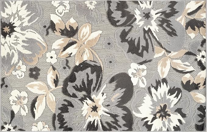 Rugshop Bergamo Contemporary Floral Non-Shedding Easy Cleaning Patio Deck Backyard Indoor/Outdoor Area Rug 2' 7" X 4' Gray