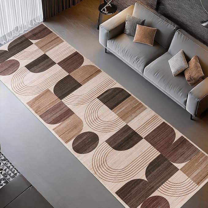 Soft Modern Geometric Abstract Machine Washable 2x6 Runner Rug | Brown Rugs for Bedroom Living Room, Non-Shedding Faux Wool Indoor Throw Floor Carpet for Office Entryway Dining Room Decor