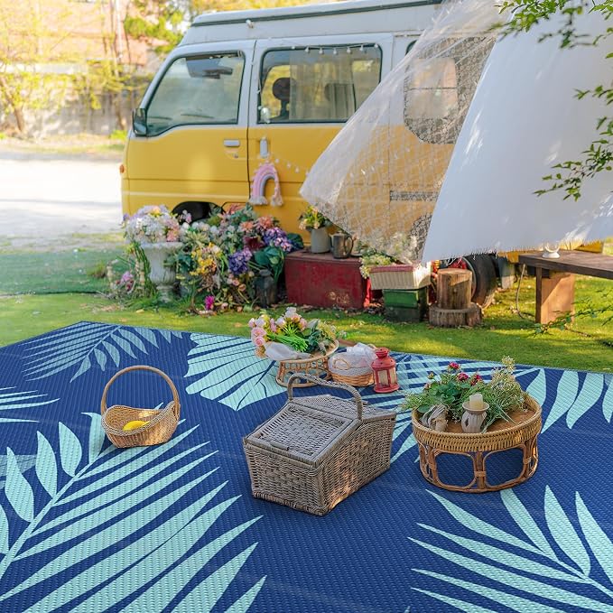 GENIMO Outdoor Rug 10' x 14' Waterproof for Patios Clearance, Reversible Outdoor Plastic Straw Camping Rug Carpet, Large Area Rugs Mats for RV, Camper, Deck, Balcony, Porch, Beach, Royalblue&Bluegreen