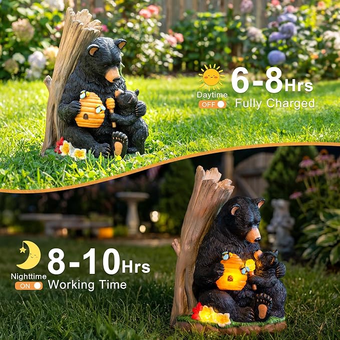 C&Y&G&X Solar Bear Garden Statue Lights, Black Bear & Cub Outdoor Resin Yard Decor for Patio Porch Lawn, Solar Garden Figurine with Light-Up Beehive, Housewarming Gifts for Garden Lovers