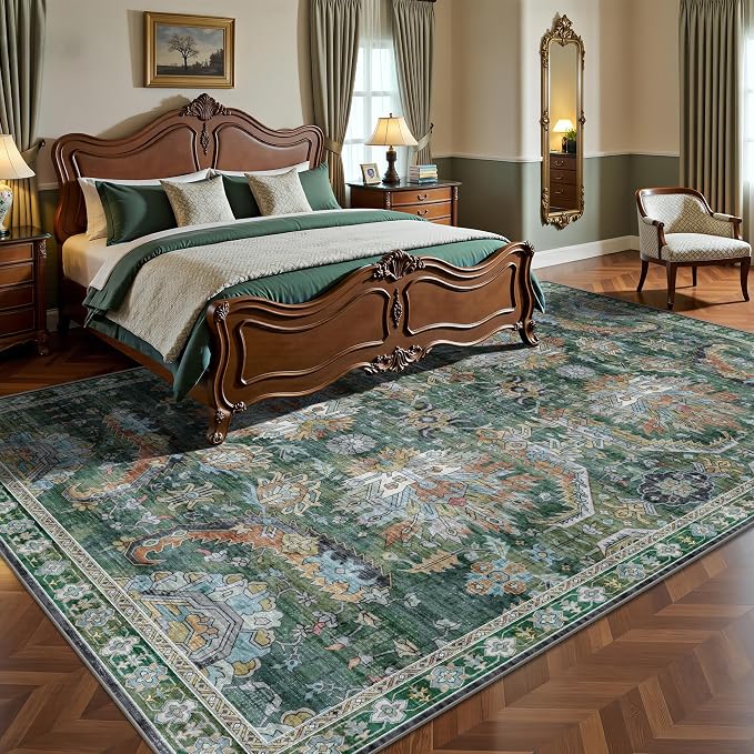 9x12 Area Rug, Vintage Retro Soft Washable Rug, Non-Slip Low Pile Rugs for Living Room, Bedroom, Dining Room, Stain Resistant Home Decor Rug (Green)