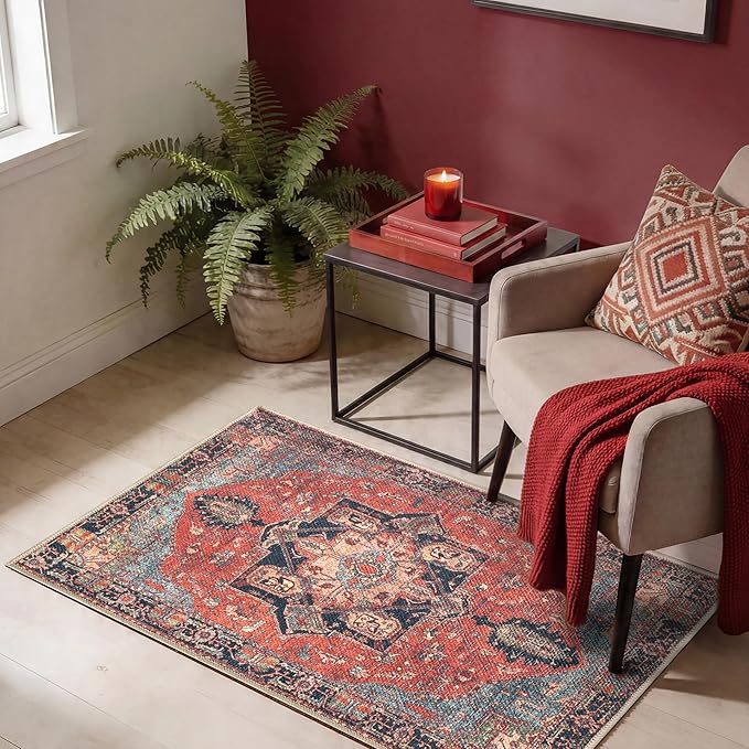 Keen Home Design Vintage Washable Entryway Rug, Non-Slip Low Pile, 2x3 | Machine Washable Cotton Chenille, 0.25In Low Pile, Rubber Non-Slip Back; Kitchen, Entryway, Bathroom, Bedside