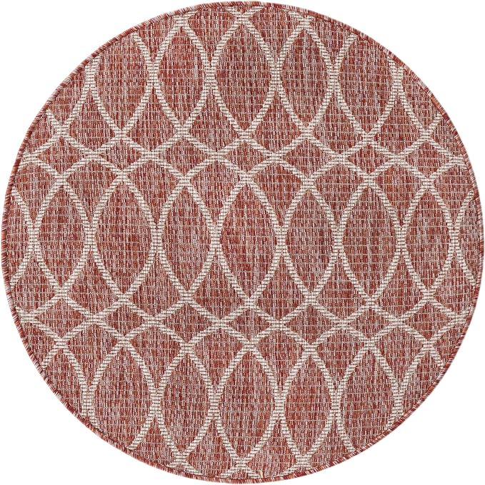 Unique Loom Outdoor Trellis Collection Area Rug - Gitter (3' 1" Round, Rust Red/ Ivory)