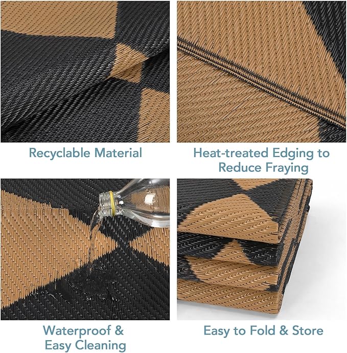 Garvee 8x10 Outdoor Rug Waterproof Plastic Straw Rug Outdoor Patio Rugs Reversible Mat Easy Clean Foldable Lightweight Large Area Rugs for Patio Porch Backyard Camping RV Beach Balcony Checkered Brown